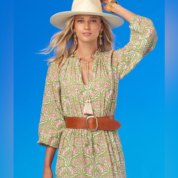 NICOBLU MACKENZIE RUFFLE DRAWSTRING MAXI DRESS IN DELICATE FERNS boho pockets - Picture 6 of 6